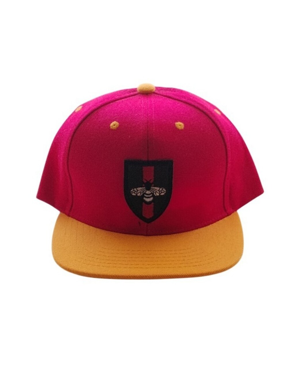 Bee Shield Snapback Cap Magenta Mustard Flat Bill Hat